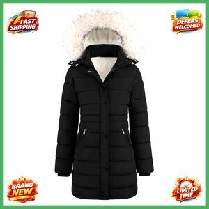 Women's Fleece Lined Puffer Coat Mid-Length Down Jacket Removable Hood